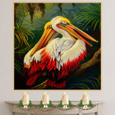 Pair of White and Red Pelicans with Golden Beaks Resting on a Jungle Branch Surrounded by Lush Tropical Foliage in a Vibrant Rainforest Setting on Ready to Hang 1.5" Thick Canvas Wrap, Floating Framed Canvas, Flat Rolled Canvas